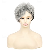 baratos peruca mais velha-perucas curtas cinza para mulheres brancas perucas cinza com corte pixie com franja perucas de cabelo sintético cacheado natural perucas femininas curtas em camadas