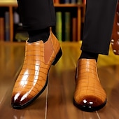 baratos Botas do Chelsea-Botas chelsea masculinas pretas com padrão de crocodilo em couro sintético - elegantes botas de cano curto sem cadarço para uso formal e profissional