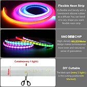 cheap Neon LED Lights-White Silicone Neon LED Light Strip, 16MM 360° Circular, RGB Flexible Dreamy Color Rope Light with 17-Key IR Controller, USB DC5V for Bedroom Indoor/Outdoor Decoration WS2811