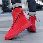 cheap Ankle Boots-Men&#039;s Red Faux Leather High-Top Boots with Side Zipper and Lace-Up Design – Stylish Casual Footwear for Fall and Winter