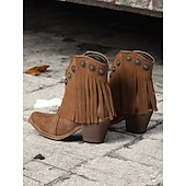 abordables Cowboy y botas occidentales-Botines estilo western con flecos negros y detalles tachonados para mujer: botines de vaquera de estilo vintage para uso informal y festivo