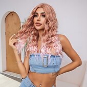 economico Parrucche trendy sintetiche-Parrucche sintetiche Uniformi Costumi di carriera Da principessa Riccio Profondo riccio Parte di mezzo Taglio scalato Con frangia A macchina Parrucca 26 pollici Oro rosa Capelli sintetici Per donna