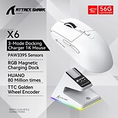 baratos Ratos-attack shark x6 mouse bluetooth pixart paw3395 conexão tri-mode rgb touch base de carregamento magnético macro mouse para jogos
