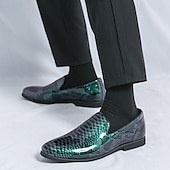 cheap Semi-Formal-Men&#039;s Snakeskin Print Loafers – Stylish Green and Black Glossy Slip-On Shoes with Modern Design, Perfect for Formal and Semi-Formal Occasions