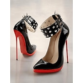 cheap Stiletto Heels-Women&#039;s Black Patent Leather Platform Stiletto Heels with Red Sole, Studded Spiked Ankle Straps, Sexy High Heels for Night Out, Parties, and Clubwear