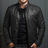 abordables Veste cuir homme-Homme Veste en Similicuir Veste de transition Veste moto Veste en cuir rouge Vacances Quotidien Coupe-vent Chaud Avec Poches Automne &amp; Hiver Uni Mode Classique Col montant Régulier Similicuir Noir