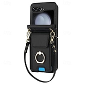 cheap Samsung Cases-Phone Case For Samsung Galaxy Z Flip 7 Z Flip 6 Z Flip 5 Z Flip 4 Z Flip 3 Back Cover Ring Holder with Lanyard with Wrist Strap Retro TPU PU Leather