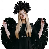 billiga Halloween-tillbehör-svart fjäder och röd ros blommigt pannband för kvinnor – gotisk blommig krona för halloween, kostymfester och festivaler