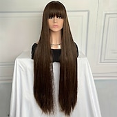 economico Parrucche da festa-parrucca lunga e liscia - fibra sintetica resistente al calore con frangia o riga in mezzo - perfetta per feste di carnevale e cosplay - parrucca da donna alla moda