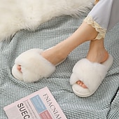cheap Home Slippers-Women&#039;s Fuzzy Cross Band Slippers Memory Foam Home House Shoes with Open Toe Comfortable
