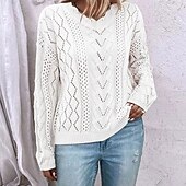 billige Grafiske mønstre og detaljer-Dame Genser Pullover genser Fritid Geometrisk Heklet V-hals V-hals Langermet Vanlige topper Strikke utendørs Daglig Helg Hvit Kakifarget Høst Vinter