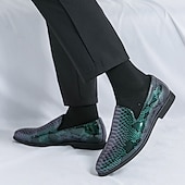 cheap Semi-Formal-Men&#039;s Snakeskin Print Loafers – Stylish Green and Black Glossy Slip-On Shoes with Modern Design, Perfect for Formal and Semi-Formal Occasions