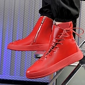 cheap Ankle Boots-Men&#039;s Red Faux Leather High-Top Boots with Side Zipper and Lace-Up Design – Stylish Casual Footwear for Fall and Winter