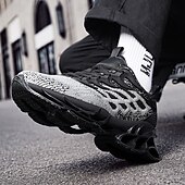 cheap Men's Running Shoes-Men's Blue Athletic Sneakers with Unique Hollow Sole Design, Breathable Knit Upper, and Flame Detail – Lightweight Running Shoes with Orange Accents