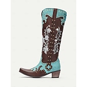 levne Cowboy &amp; Western Boots-dámské tyrkysové a hnědé westernové kovbojské boty z umělé kůže se zdobením a cvočkovými detaily - vysoké boty ke kolenům pro rodeo a festivalové nošení