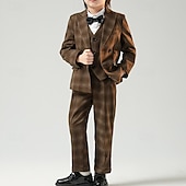 billiga Pojkes formella kostym-4 delar Ringbärarkostym Pojkar Barn Kostym Formell kostym Kostym och blazer Formellt set Formell Fest Mode Häftig Rutig Ficka Svart Kaffe Polyester