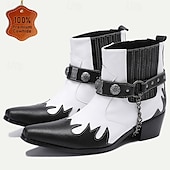 cheap Premium Leather Boots-Men&#039;s Premium Cowhide Black and White Motorcycle Boots with Studded Strap, Chain Detail, and Western Style – Perfect for Riding and Casual Wear