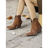 abordables Cowboy y botas occidentales-Botines estilo western con flecos negros y detalles tachonados para mujer: botines de vaquera de estilo vintage para uso informal y festivo