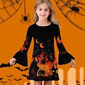 halpa Tyttöjen Halloween-asut-Halloween Tyttöjen 3D Kuvitettu Kurpitsa Mekko Ruffle mekko Pitkähihainen Kesä Kevät Päivittäin Pyhäpäivä Loma Kaunis Halloween Custom Lapset 4-12 vuotta Rento mekko Polvipituinen Polyesteri Normaali