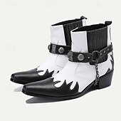 cheap Premium Leather Boots-Men&#039;s Premium Cowhide Black and White Motorcycle Boots with Studded Strap, Chain Detail, and Western Style – Perfect for Riding and Casual Wear