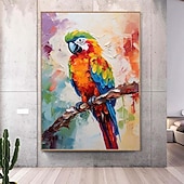 abordables Pinturas de animales-Pintura de loro con espátula grande, pintura al óleo de animales con textura abstracta hecha a mano de gran tamaño, arte de pared, hermosa pintura de pájaros, decoración de pared de sala de estar,