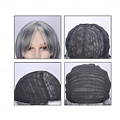 abordables peluca vieja-Peluca en capas de color gris plateado con flequillo de cortina para mujer, peluca sintética de color gris claro con mechas ombré, peluca bob con corte pixie corto, peluca ondulada en capas para mujer