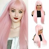 economico Parrucche trendy sintetiche-parrucca lunga e dritta con frangia parrucca sintetica in fibra di capelli naturali per donne e ragazze perfetta per feste di Natale e cosplay