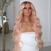 levne Paruky z přírodních vlasů se síťkou ofina-Remy lidské vlasy 13x4 krajka vpředu Paruka Volná část Brazilské vlasy Vlnitá Růžová Paruka 130% 150% Hustota vlasů Ombre vlasy Přírodní vlasová linie Bezlepkové Předtržený Pro Dámské Dlouhý Paruky z