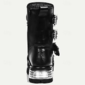 cheap Premium Leather Boots-Men's Black Gothic Steampunk Combat Boots with Skull Buckle Accents - Premium Cowhide Leather for Cosplay and Biker Style