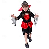 cheap Fairytale Theme Dresses-Kids Girls&#039; Dress Color Block halloween custome Long Sleeve Performance Party Patchwork Gothic Costume Polyester Knee-length Casual Dress Summer Spring 4 years+ Red