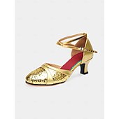 abordables Chaussures de danses latines-chaussures de danse à paillettes dorées pour femmes avec design à brides croisées – talons de salle de bal et latins étincelants pour la performance et la pratique