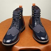 baratos Botas de vestir-Botas masculinas vintage brogue ankle boots - couro sintético marrom e preto com painel de tweed, design clássico de cadarço para ocasiões formais e casuais, botas sociais estilo retrô