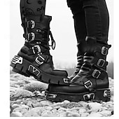 cheap Premium Leather Boots-Men's Black Gothic Steampunk Combat Boots with Skull Buckle Accents - Premium Cowhide Leather for Cosplay and Biker Style