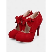 levne Block Heels-dámské semišové lodičky s červenou mašlí - retro lodičky na platformě na jehlovém podpatku, ideální pro looky inspirované vintage, večírky a zvláštní příležitosti