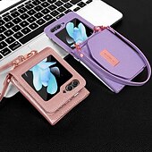 cheap Samsung Cases-Phone Case For Z Flip 6 Z Flip 5 Z Flip 4 Z Flip 3 Back Cover with Stand Holder with Wrist Strap Card Slot Retro TPU PU Leather