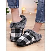 baratos Chinelos de mulher-chinelos femininos confortáveis com forro de lã xadrez - chinelos de casa com padrão xadrez de búfalo vermelho e preto com gola de pele sintética para conforto no inverno