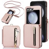 baratos Capa Samsung-telefone Capinha Para Z Flip 7 Z Virar 6 Z Flip 5 Z Flip 4 Z Flip 3 Capa traseira Com Suporte Zíper com cordão Retro TPU Couro PU