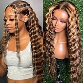 economico Parrucche lace front capelli veri-ishow parrucca con mèches per capelli, parrucca con onde profonde sciolte, parrucca frontale in pizzo 4x4, densità 150% con mèches per capelli da bambino
