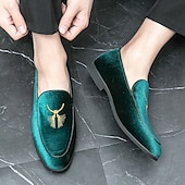 お買い得  セミフォーマル-ゴールドの刺繍が施されたメンズグリーンベルベットローファー - フォーマルなイベントや結婚式に最適な豪華なスリッポンシューズ