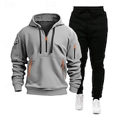 cheap Basic Tracksuits-Men&#039;s Hoodie Tracksuit Sweatsuit Quarter Zip Hoodie Black Navy Blue Khaki Light Grey Hooded Half Zip Plain Pocket 2 Piece Sports &amp; Outdoor Daily Holiday Polyester Streetwear Basic Casual Spring
