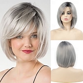 voordelige oudere pruik-korte grijze pruiken voor vrouwen bob pruik natuurlijke rechte pruik zijscheiding haar voor dagelijks feest cosplay
