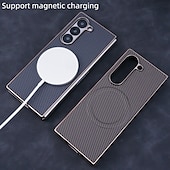 お買い得  サムスン用ケース-電話 ケース 用途 Zフォールド6 Z Fold 5 Z Fold 4 Z Fold 3 バックカバー スタンド付き 磁石バックル ワイヤレス充電をサポート レトロ風 カーボンファイバー 仕上げ