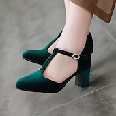 olcso Block Heels-női vintage zöld bársony t-pántos sarok - elegáns blokk sarkú mary jane cipő esti bulikra és hivatalos alkalmakra