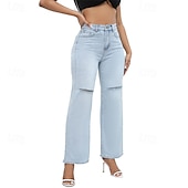 billige Straight-Leg Bukser-Dame Normal Jeans Gatemote Stilfull Full lengde Høy Midje Helfarge Lomme comfy Pusteevne Myk Mikroelastisk Gate Daglig Lyseblå Mørkeblå Vår &amp; Vinter Løstsittende