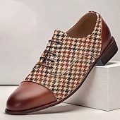 economico Semi-formale-scarpe oxford da uomo con motivo pied de poule - motivo a scacchi marrone e rosso vintage, dettagli in similpelle, perfette per occasioni formali e casual