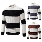 cheap Men&#039;s Pullover Sweater-Men&#039;s Sweater Cable Chunky Knit Stripe Cable Stripe Crew Neck Christmas Elegant Formal Home Clothing Apparel Bishop Sleeve Fall Winter Black Brown M L XL