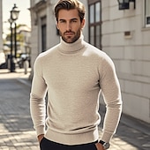 preiswerte Herrenpullover-Herren Pullover Strickpullover Gerippt Stricken Standard Strick Glatt Rollkragen Modisch Brautkleider schlicht Urlaub Freizeitskleidung Bekleidung Herbst Winter Kamel Wein S M L