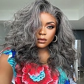 abordables peluca vieja-Pelucas sintéticas Ondulado Grande Corte asimétrico Peluca Media Gris Pelo sintético Mujer Diseños de Moda Suave Natural Gris