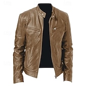 cheap Faux Leather Jackets-Men&#039;s Faux Leather Jacket Transition Jacket Biker Jacket Street Casual Thermal Warm Windproof Zipper Spring Fall Solid Color Pocket Vintage Fashion Stand Collar Regular Faux Leather Slim Fit Silver