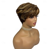 abordables Perruques sans bonnet-perruque coupe lutin avec frange courte droite couleur mixte remy cheveux humains brésiliens sans colle perruque entièrement fabriquée à la machine